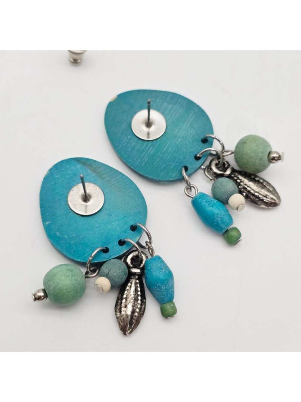 Wooden Boho Teardrop Earrings With Wooden Beads & Metal Charms - Picture 5 of 5